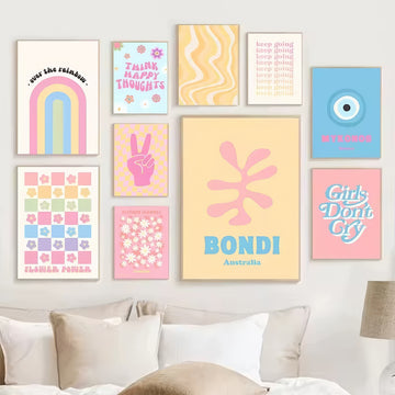 retro pastel aesthetic gallery wall art collage canvas posters