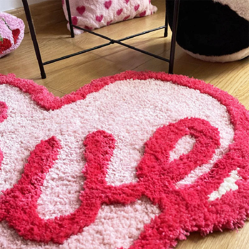 pink love word heart shaped tufted accent rug roomtery aesthetic room decor
