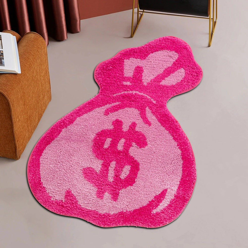 pink money bag tufted fluffy accent rug roomtery