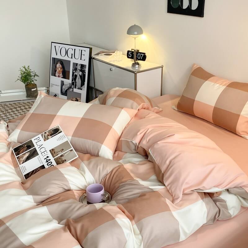 plaid pattern aesthetic duvet cover and shams set with bed sheet bedding set by roomtery