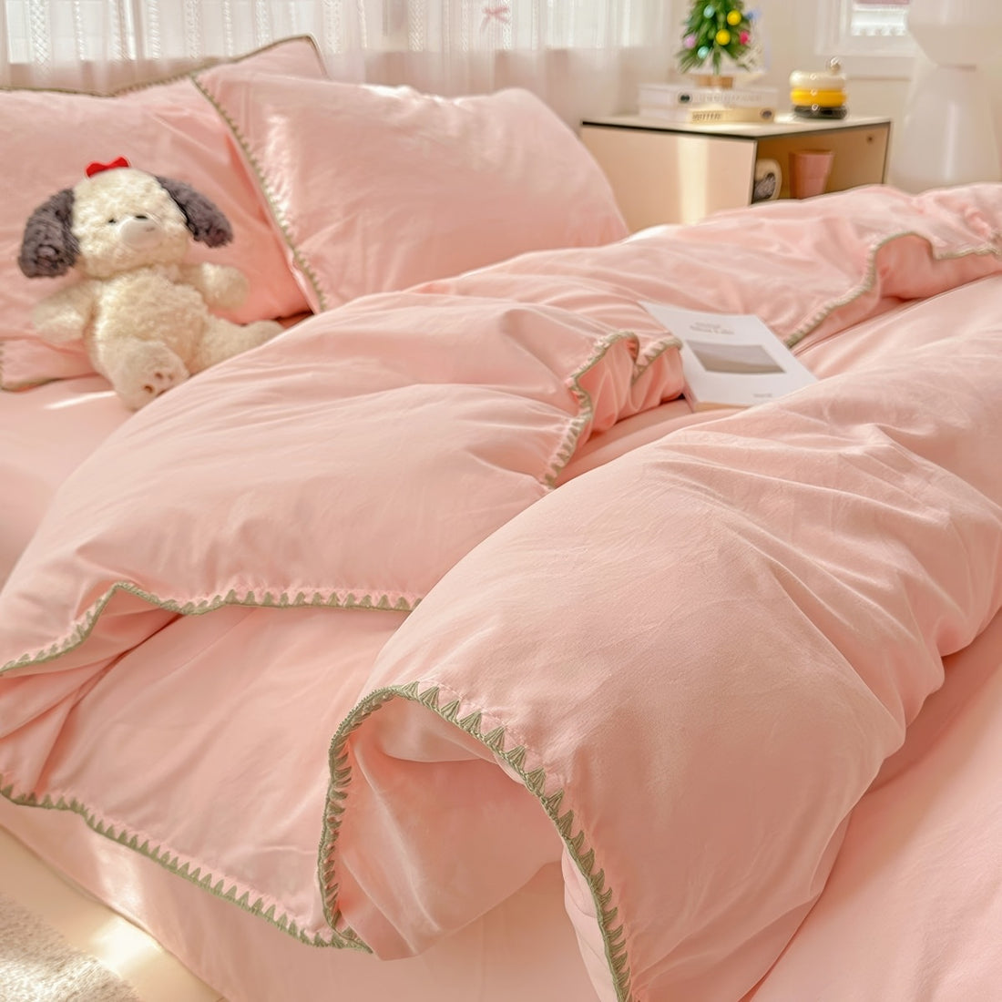 pastel aesthetic bedding duvet cover set with contrast stitched shell-edge