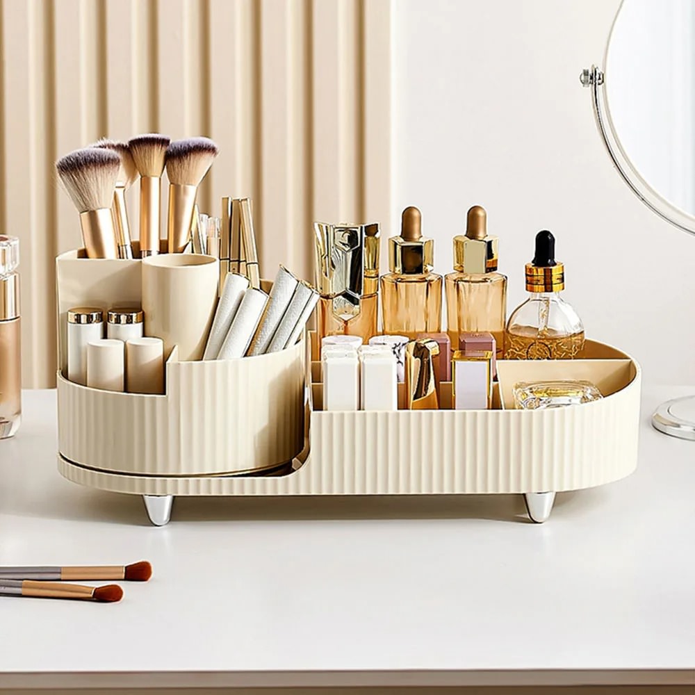 Pleated Makeup Desktop Organizer, Beige