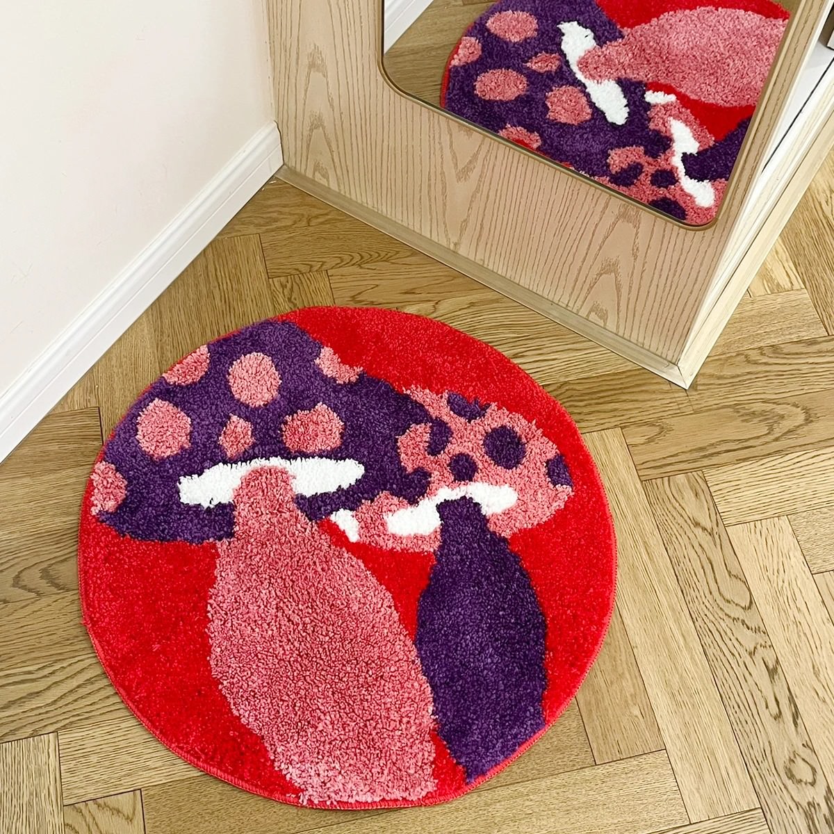 trippy indie purple mushrooms decorative tufted round accent rug