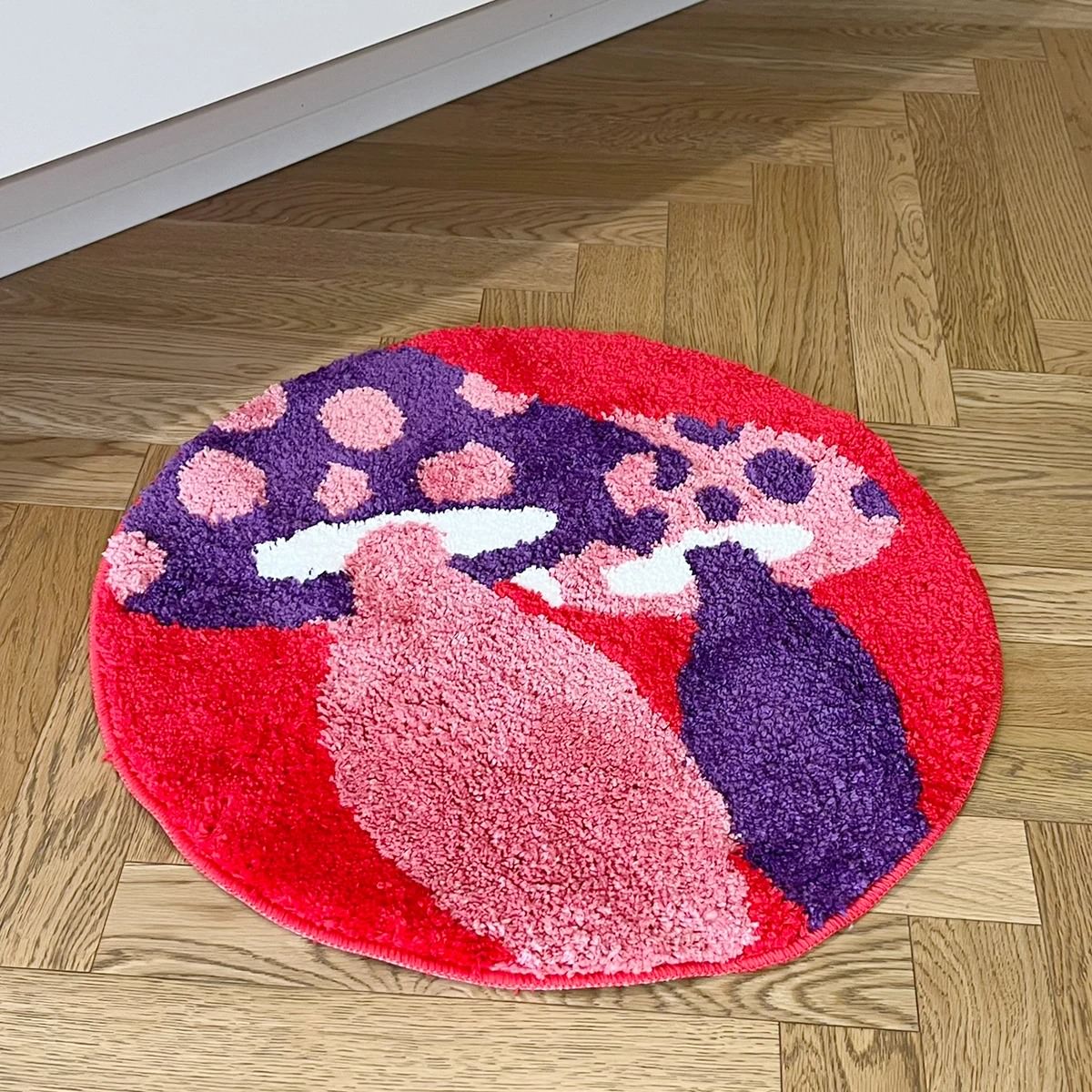 trippy indie purple mushrooms decorative tufted round accent rug