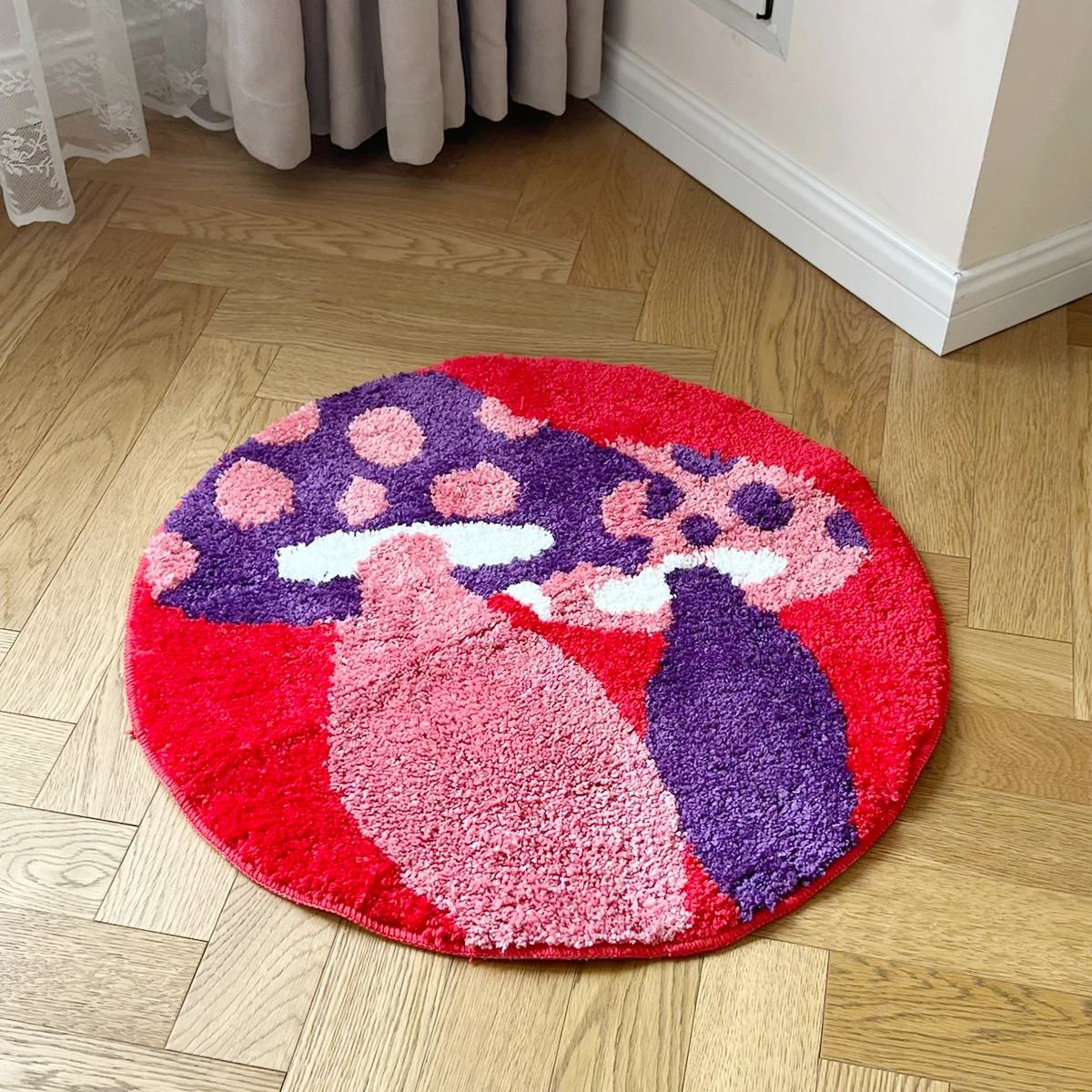 trippy indie purple mushrooms decorative tufted round accent rug