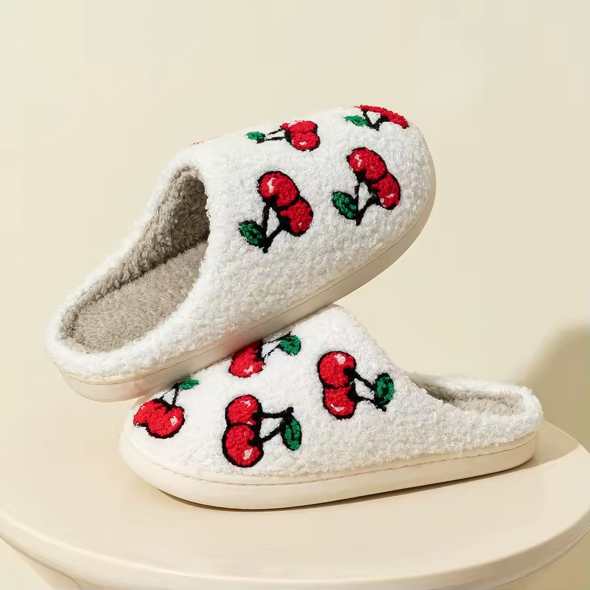 red cherries print soft plush material aesthetic house slippers