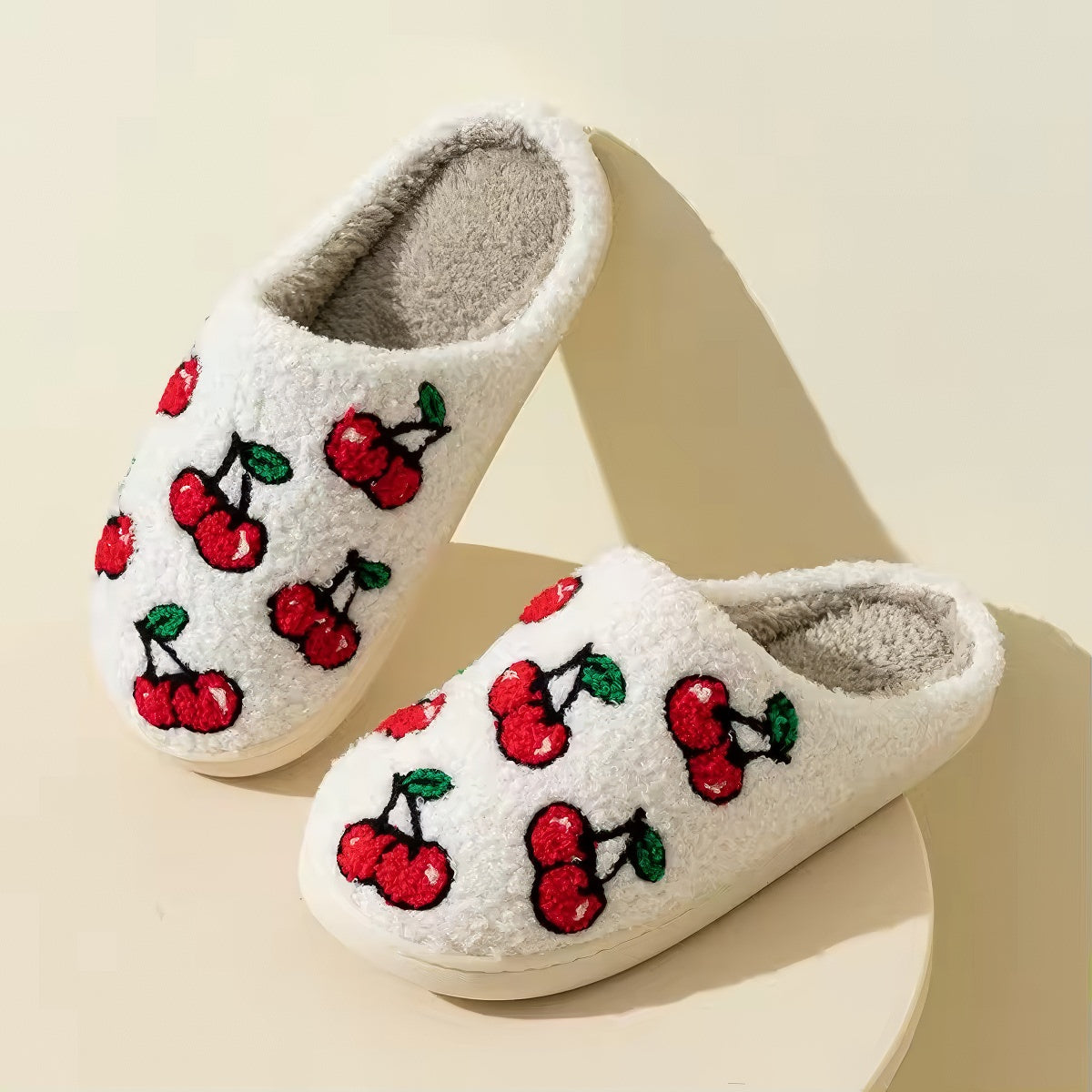 red cherries print soft plush material aesthetic house slippers