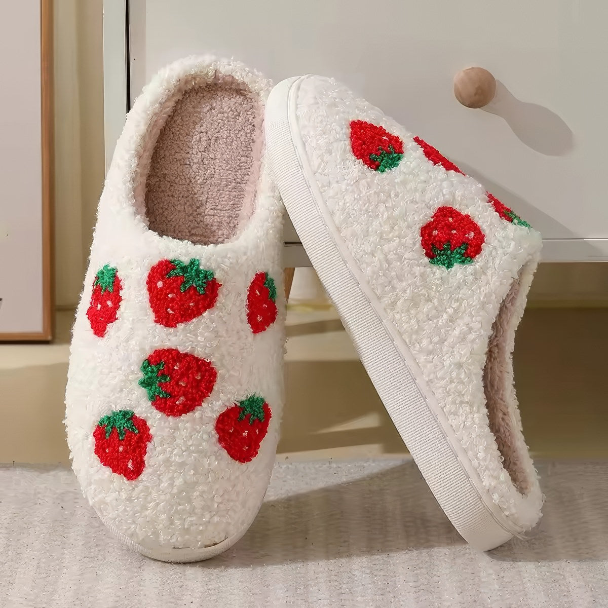 red strawberries printed soft plush material aesthetic house slippers