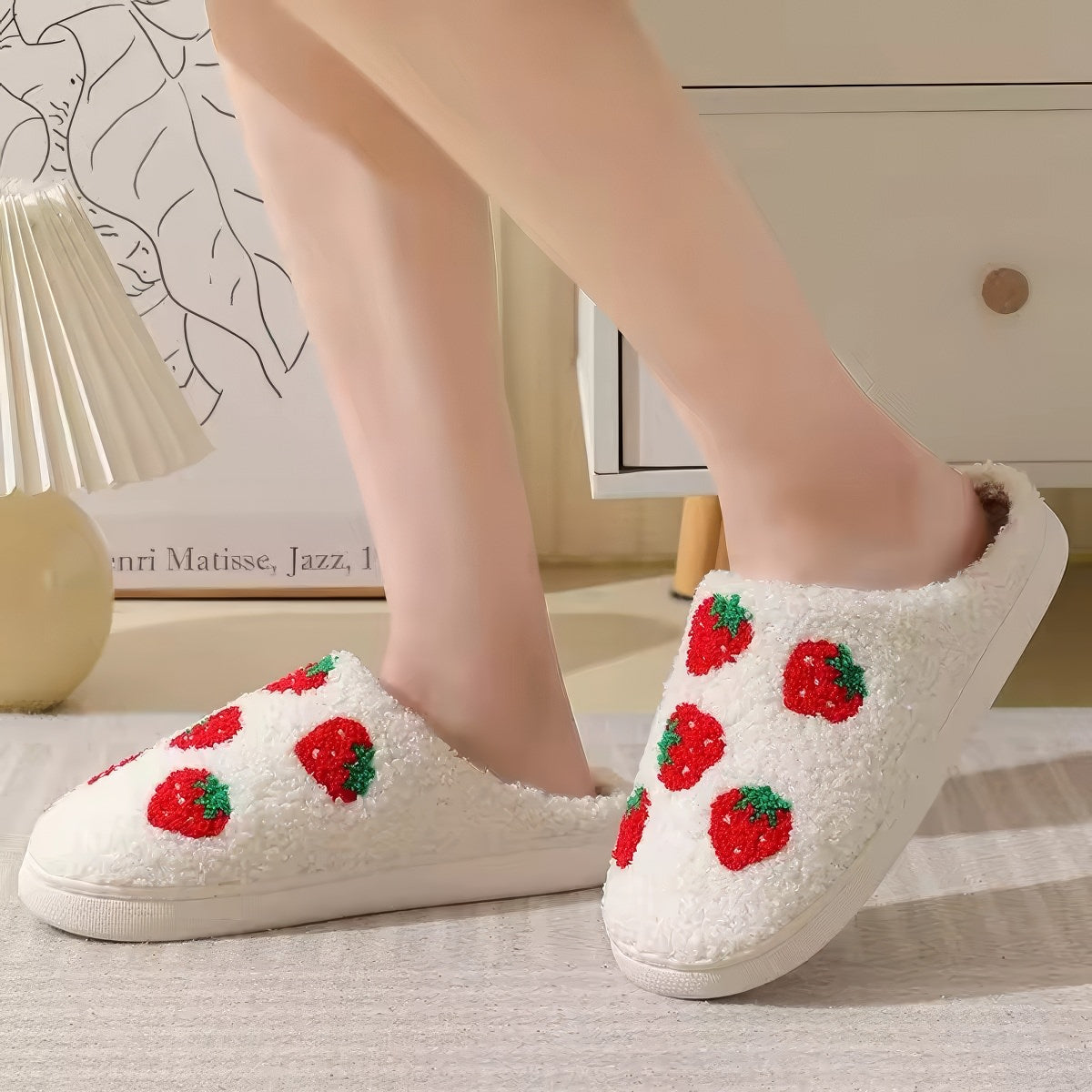 red strawberries printed soft plush material aesthetic house slippers