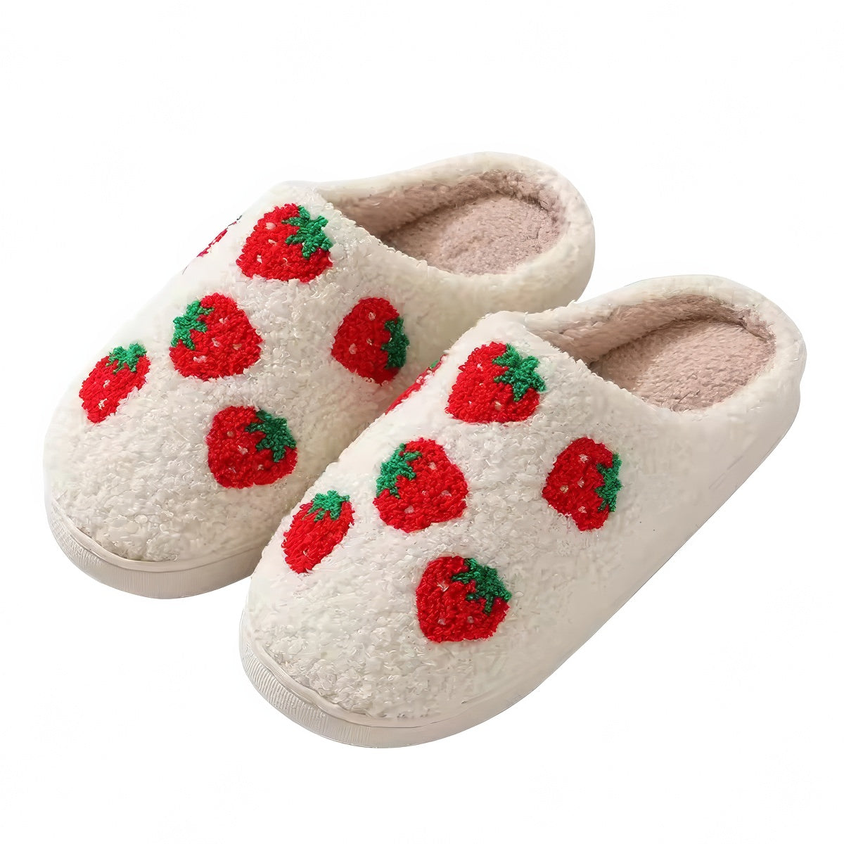red strawberries printed soft plush material aesthetic house slippers