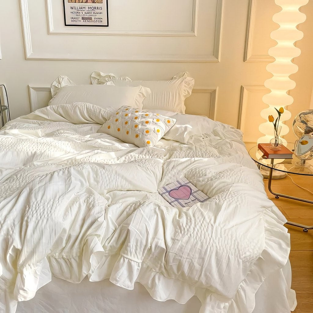 cute ruffled seersucker fabric aesthetic bedding duvet cover set