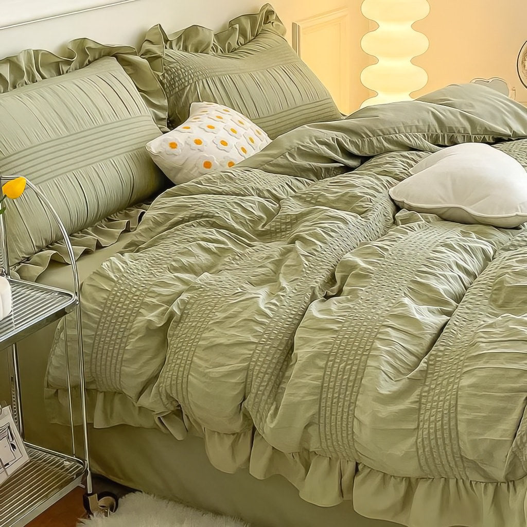 cute ruffled seersucker fabric aesthetic bedding duvet cover set