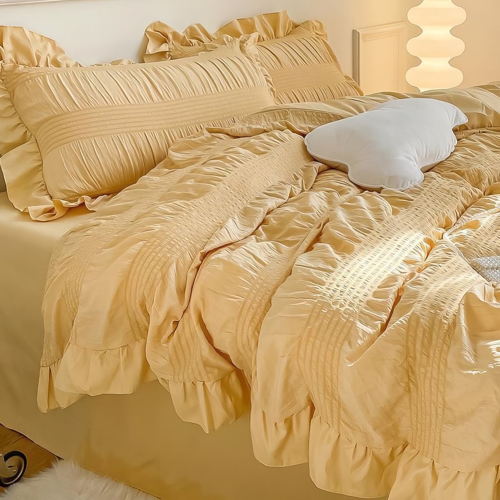 cute ruffled seersucker fabric aesthetic bedding duvet cover set