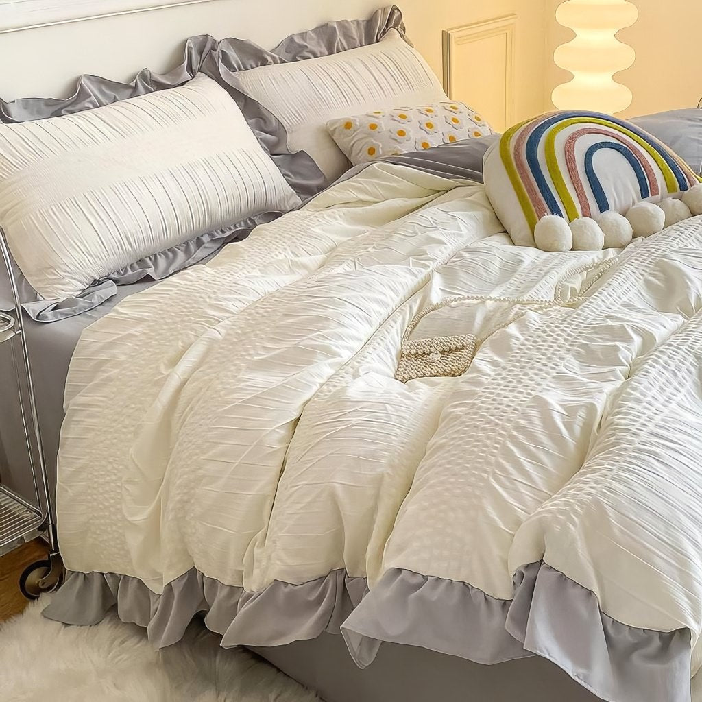 cute ruffled seersucker fabric aesthetic bedding duvet cover set 