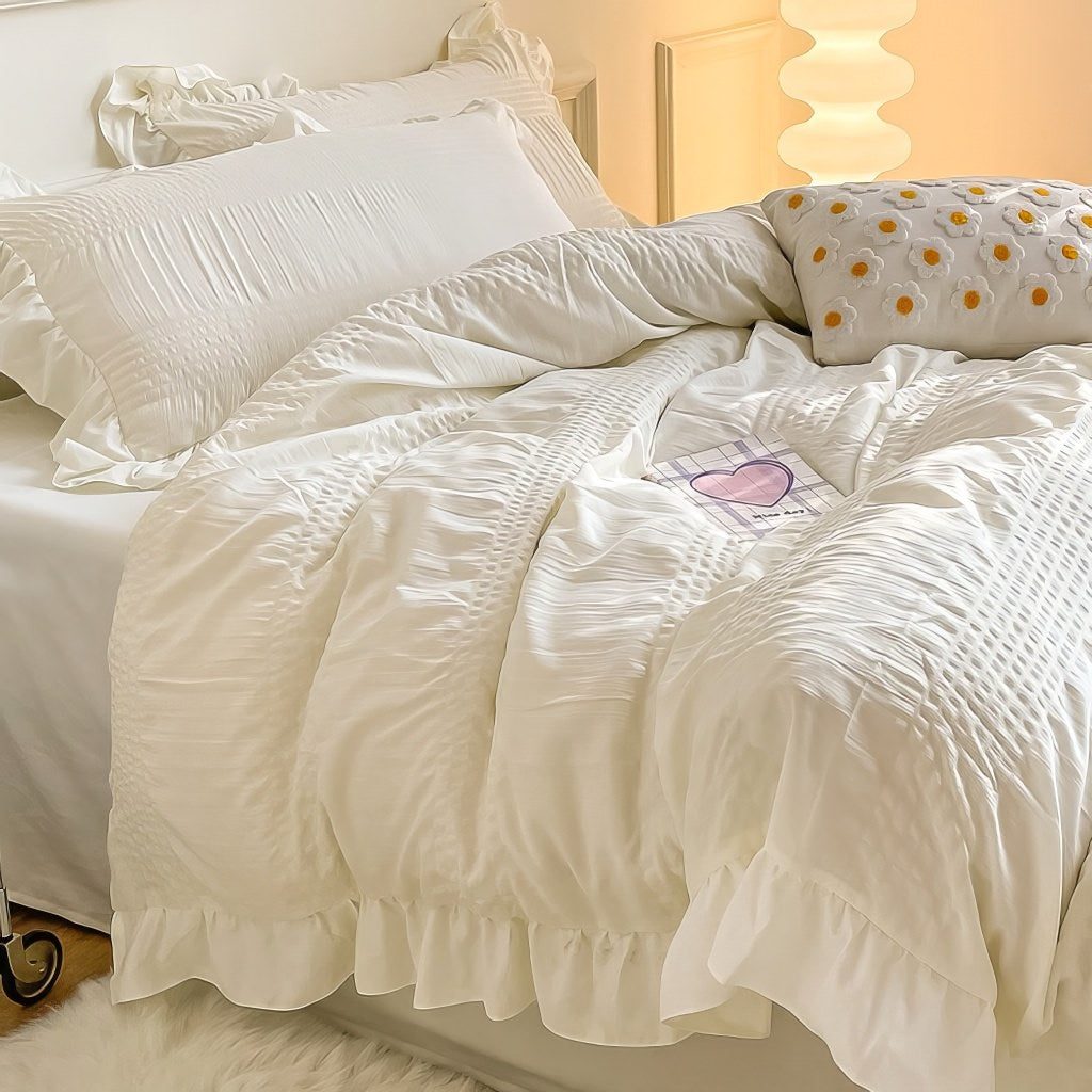 cute ruffled seersucker fabric aesthetic bedding duvet cover set