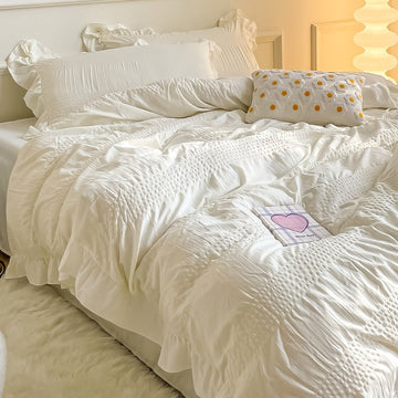 cute ruffled seersucker fabric aesthetic bedding duvet cover set