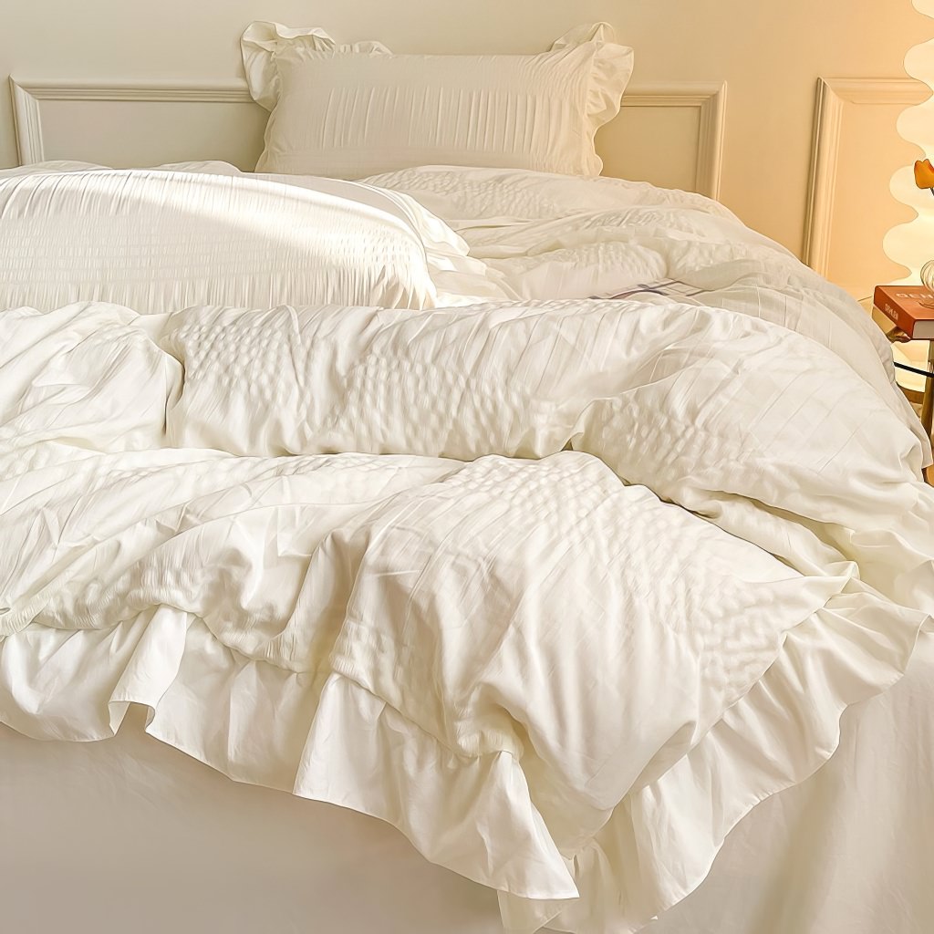 cute ruffled seersucker fabric aesthetic bedding duvet cover set