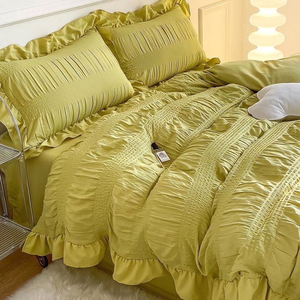 cute ruffled seersucker fabric aesthetic bedding duvet cover set