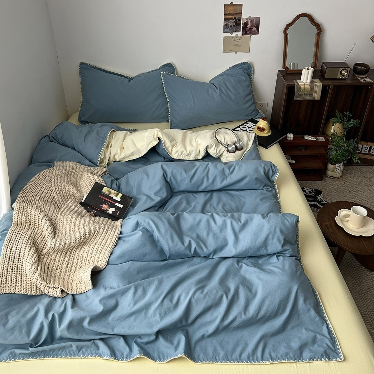 sage blue and yellow color palette minimalist aesthetic bedding duvet cover set with stitched edges