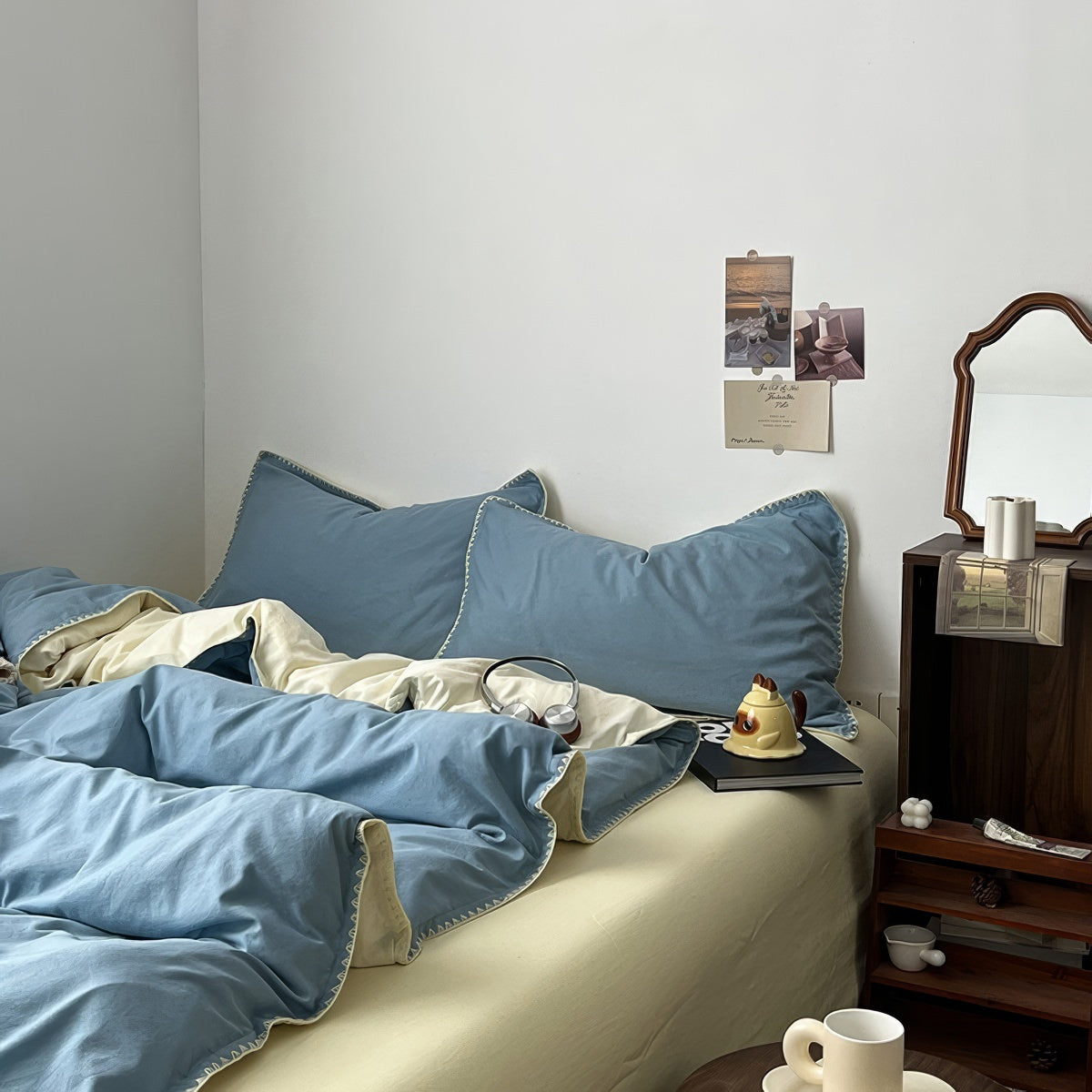 sage blue and yellow color palette minimalist aesthetic bedding duvet cover set with stitched edges