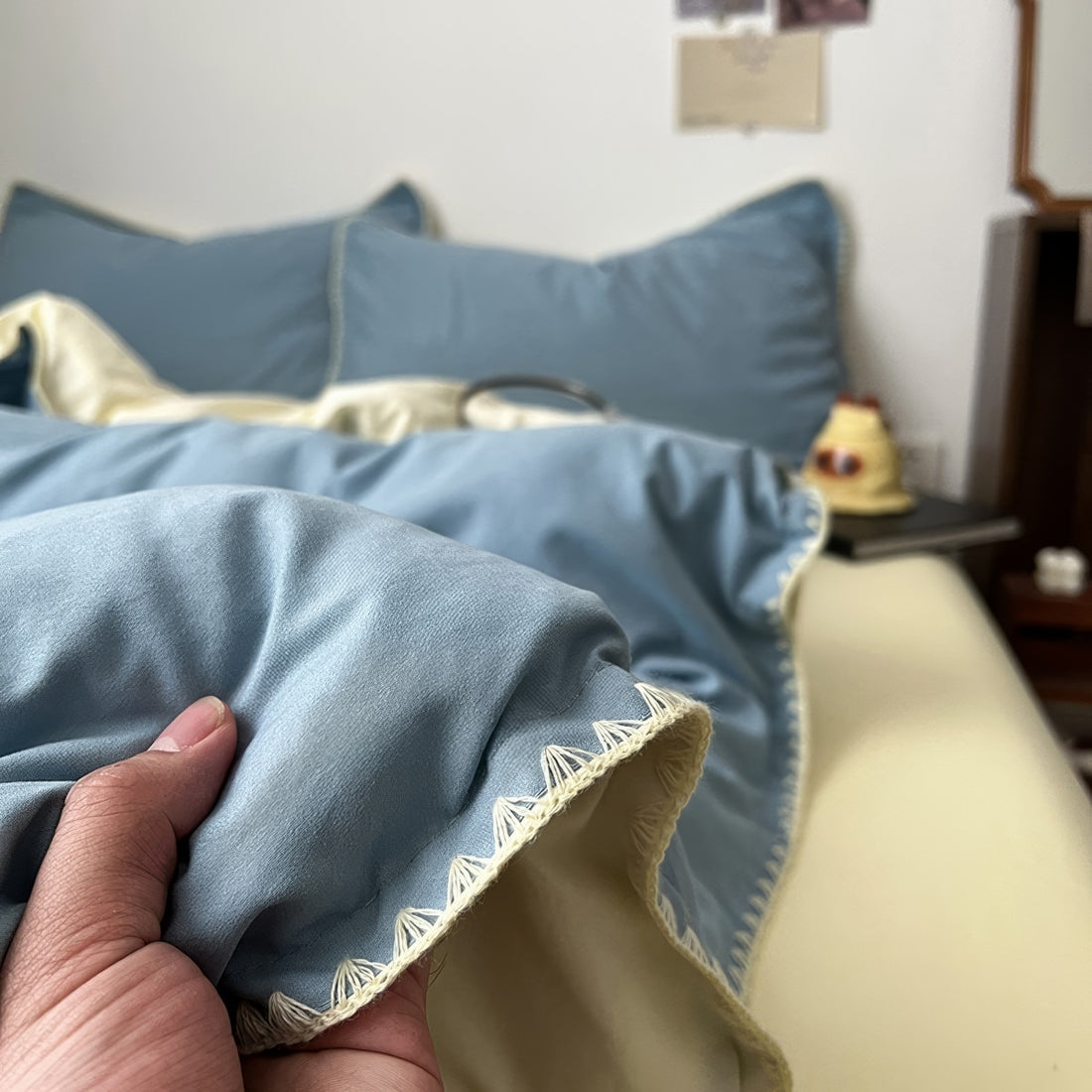 sage blue and yellow color palette minimalist aesthetic bedding duvet cover set with stitched edges