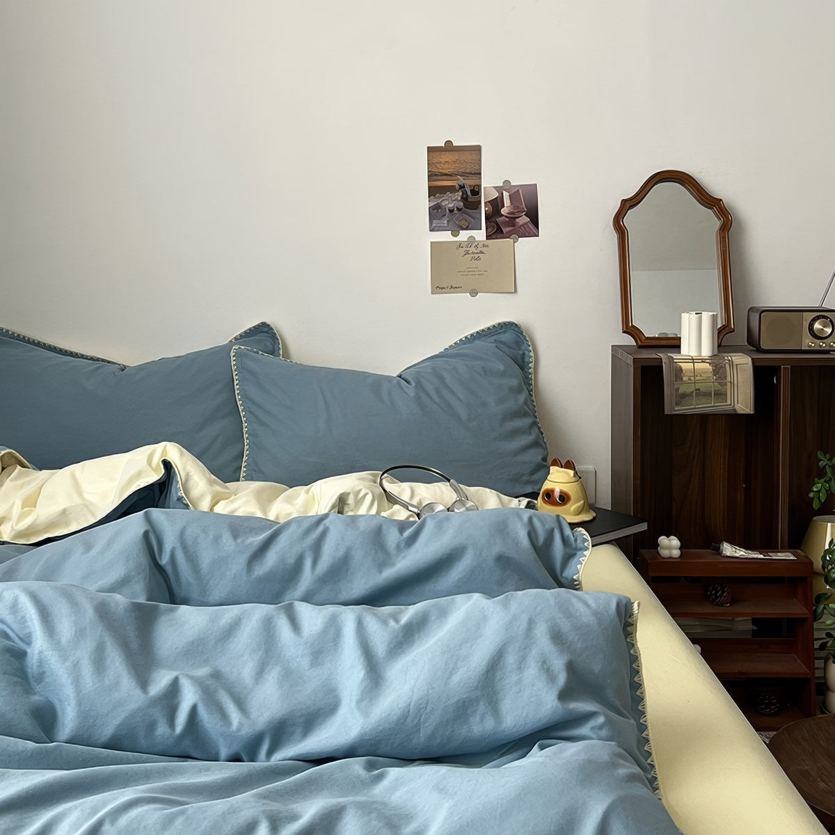 sage lue and yellow color palette minimalist aesthetic bedding duvet cover set with stitched edges