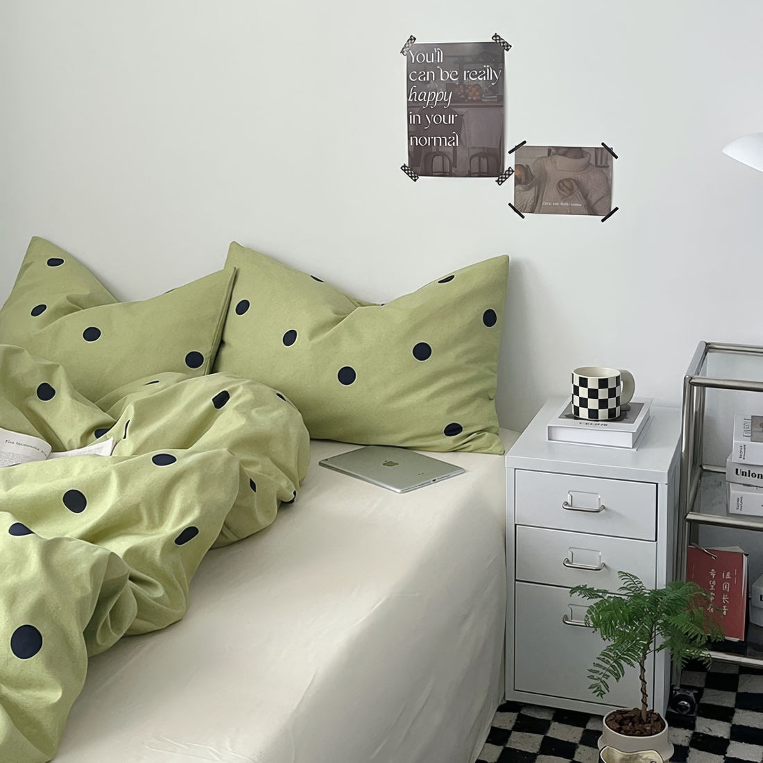 pastel sage green color classic polka dot pattern print aesthetic bedding duvet cover set