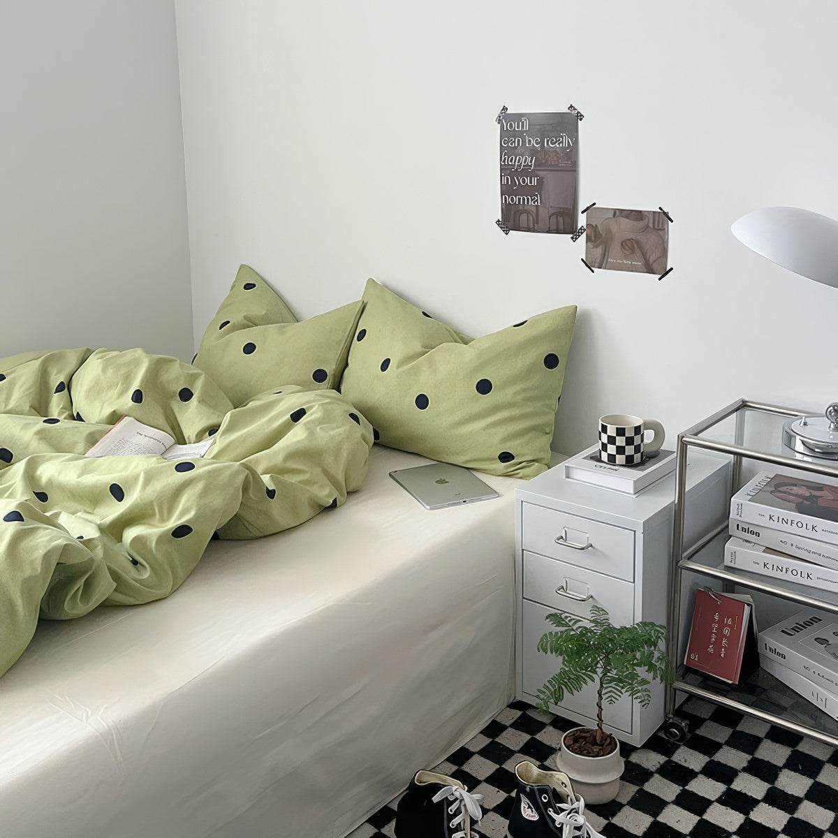 pastel sage green color classic polka dot pattern print aesthetic bedding duvet cover set
