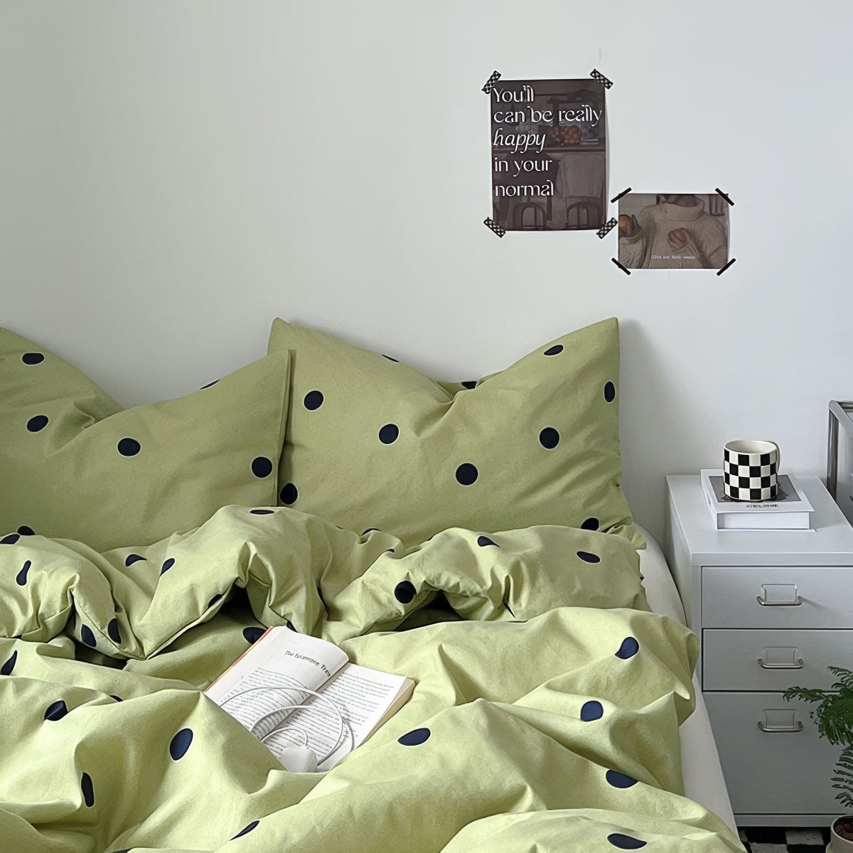 pastel sage green color classic polka dot pattern print aesthetic bedding duvet cover set