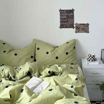 pastel sage green color classic polka dot pattern print aesthetic bedding duvet cover set