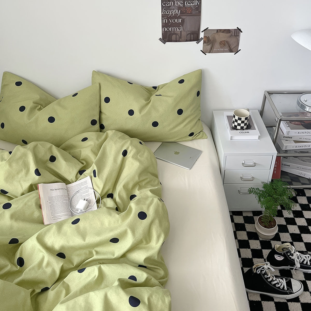pastel sage green color classic polka dot pattern print aesthetic bedding duvet cover set