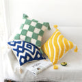 sage green checkered tufted pillow
