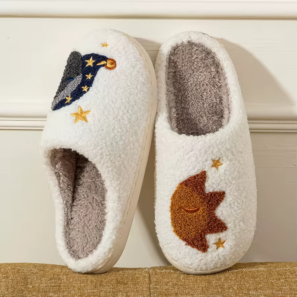 plushie slippers with sun and moon embroidery