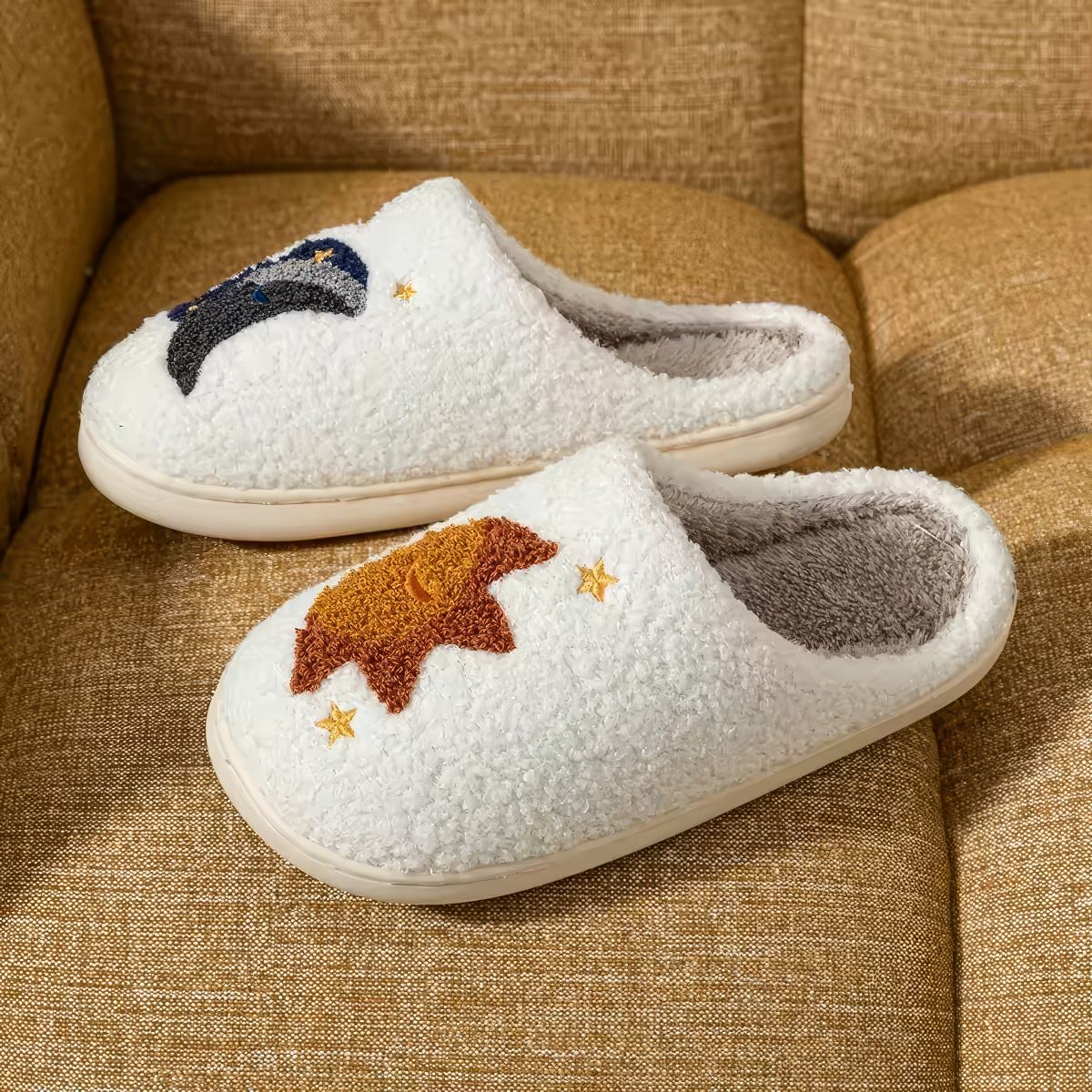 plushie slippers with sun and moon embroidery