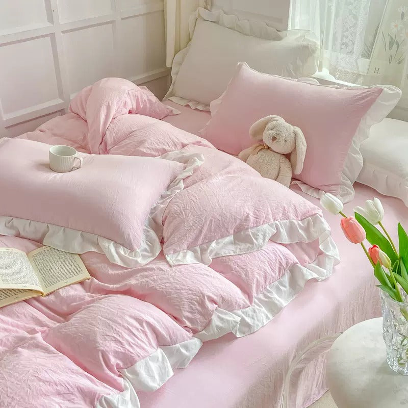ruffle bedding duvet cover set with soft crumpled bed sheets