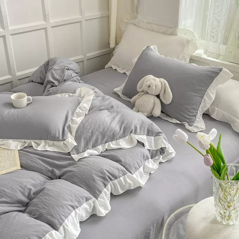 ruffle bedding duvet cover set with soft crumpled bed sheets