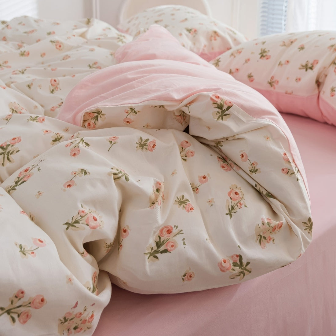 pale pink spring roses print aesthetic bedding duvet cover set
