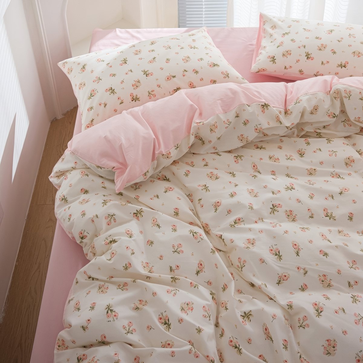 pale pink spring roses print aesthetic bedding duvet cover set