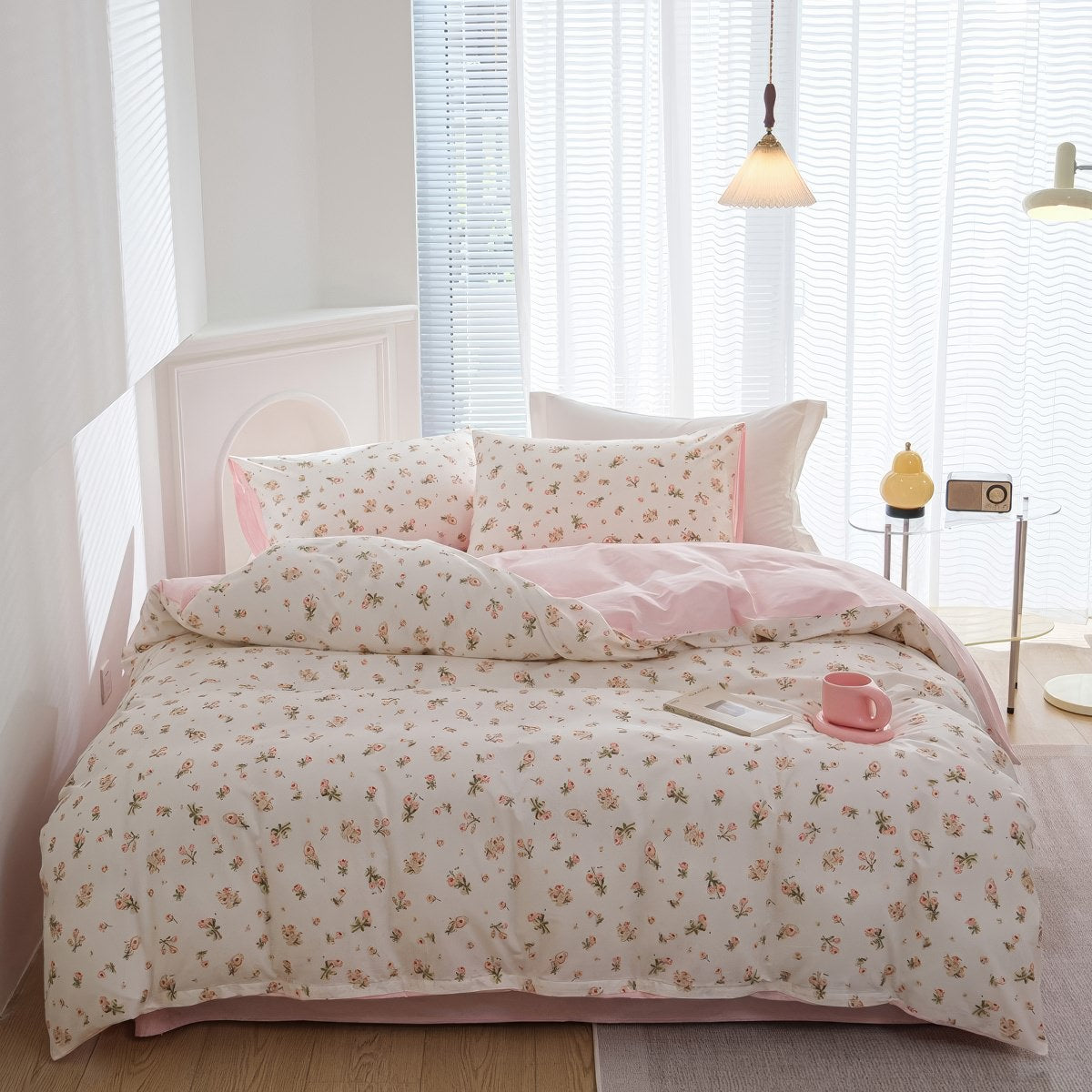 pale pink spring roses print aesthetic bedding duvet cover set