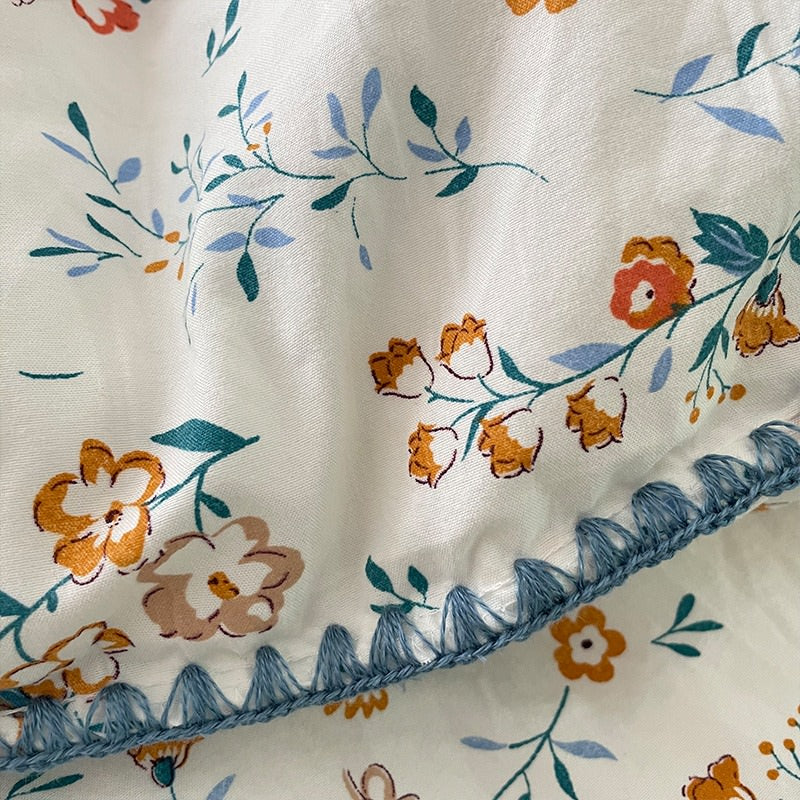 blue wildflowers print with blue thread stitched edge cute bedding set roomtery aesthetic bedroom decor