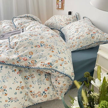 blue wildflowers print with blue thread stitched edge cute bedding set roomtery aesthetic bedroom decor