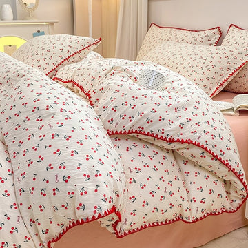red thread stitched edge red cherries print bedding duvet cover set roomtery aesthetic bedroom decor