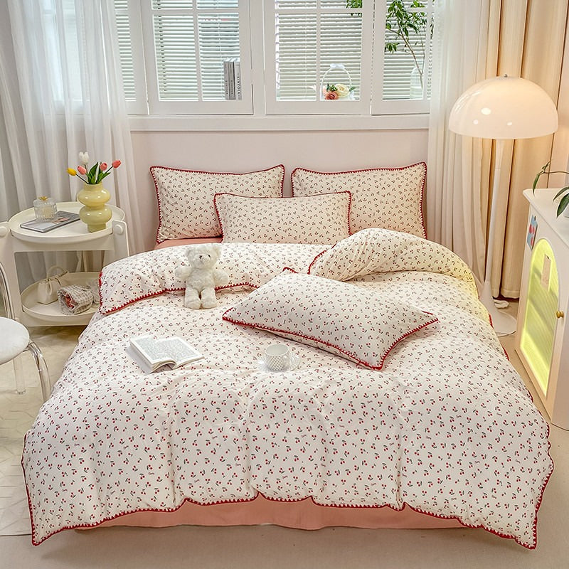 red thread stitched edge red cherries print bedding duvet cover set roomtery aesthetic bedroom decor