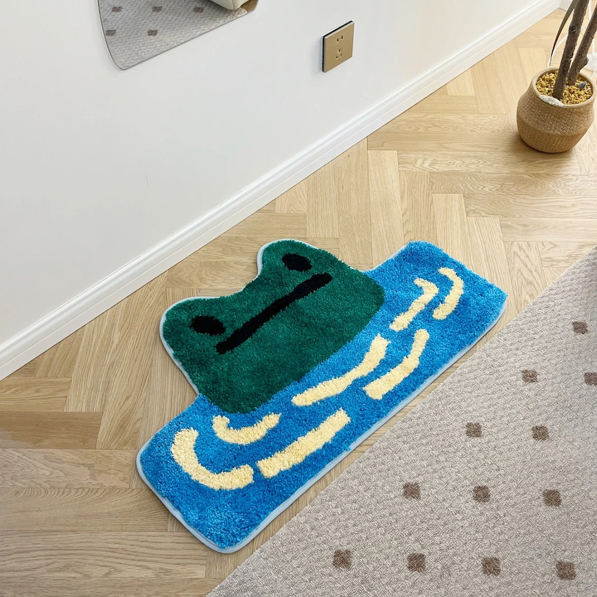 green frog in a blue pond cute tufted accent rug