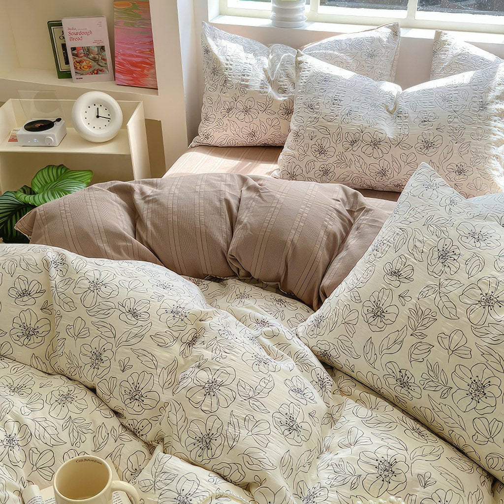 thin outline floral print bedding duvet cover set in brown shades