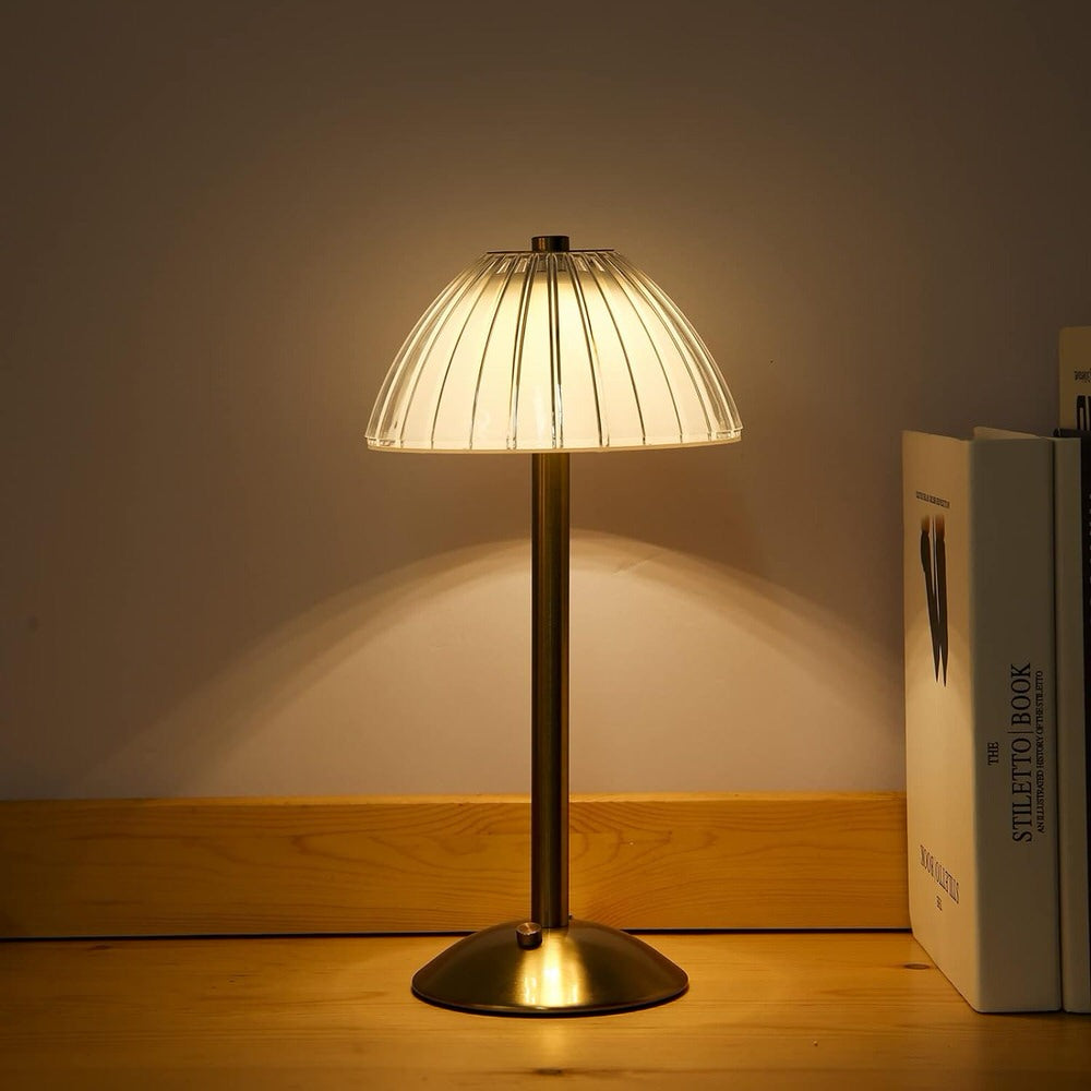 brass metal desk lamp with mushroom shaped lampshade vintage aesthetic room decor roomtery