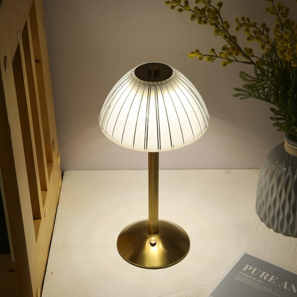 brass metal desk lamp with mushroom shaped lampshade vintage aesthetic room decor roomtery