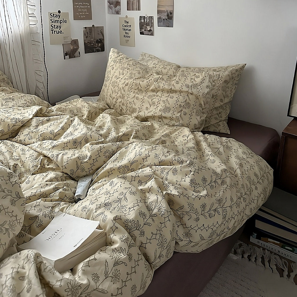 vintage floral dream thin black outline print on beige sheets bedding set