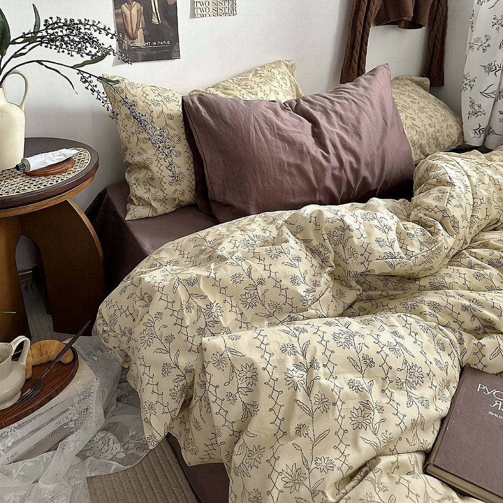 vintage floral dream thin black outline print on beige sheets bedding set
