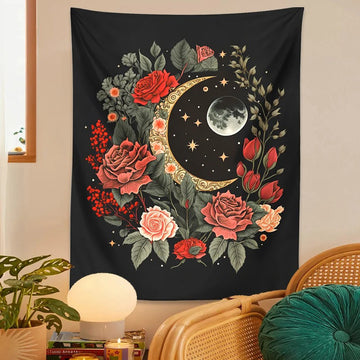 Vintage Gold Moon in Roses Tapestry